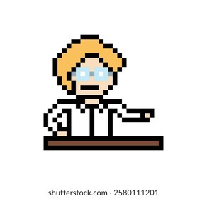 Cute pixel cartoon 8bit character man doctor or scientist game care decoration pharmacist male doctor scientist uniform lab hospital 8 bit male pixel art game vector.