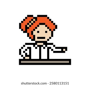 Cute pixel cartoon 8bit character woman doctor scientist game care decoration pharmacist female doctor scientist uniform lab hospital 8 bit woman pixel art game vector.