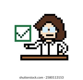 Cute pixel cartoon 8bit character woman doctor scientist game care decoration pharmacist female doctor scientist uniform lab hospital 8 bit woman pixel art game vector.