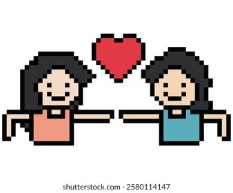 Cute pixel cartoon 8bit character couple together feel love happy heart soulmate relationship decoration 8 bit couple in love valentine day game isolated vector.