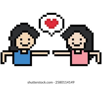 Cute pixel cartoon 8bit character couple together feel love happy heart soulmate relationship decoration 8 bit couple in love valentine day game isolated vector.