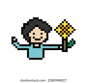 Cute pixel cartoon 8bit character man give flower gift birthday surprise reward present decoration 8 bit male boy give gift flower valentines day game vector.