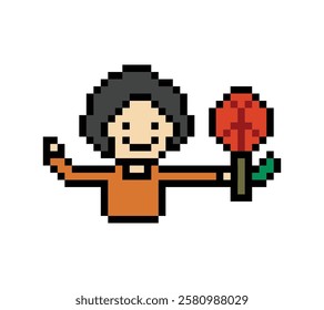 Cute pixel cartoon 8bit character man give flower gift birthday surprise reward present decoration 8 bit male boy give gift flower valentines day game vector.