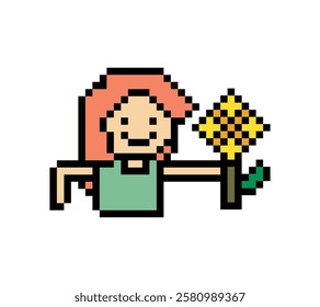 Cute pixel cartoon 8bit character woman give flower gift birthday surprise reward present decoration 8 bit female girl give gift flower valentines day game vector.