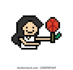 Cute pixel cartoon 8bit character woman give flower gift birthday surprise reward present decoration 8 bit female girl give gift flower valentines day game vector.