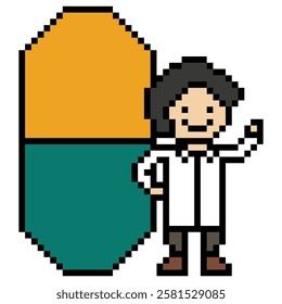 Cute pixel cartoon 8bit character man doctor medicine care pill treat game care decoration pharmacist male doctor medicine hospital 8 bit male pixel art game vector.