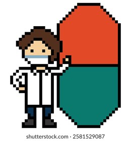 Cute pixel cartoon 8bit character man doctor medicine care pill treat game care decoration pharmacist male doctor medicine hospital 8 bit male pixel art game vector.