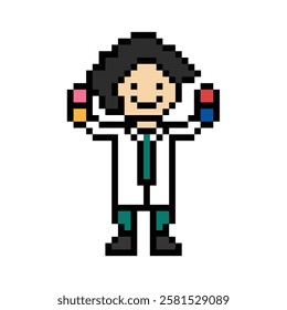 Cute pixel cartoon 8bit character man doctor medicine care pill treat game care decoration pharmacist male doctor medicine hospital 8 bit male pixel art game vector.