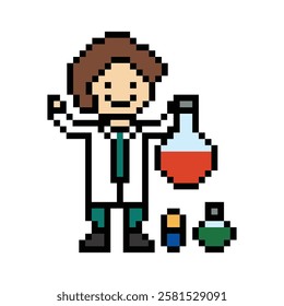 Cute pixel cartoon 8bit character man doctor medicine care pill treat game care decoration pharmacist male doctor medicine hospital 8 bit male pixel art game vector.