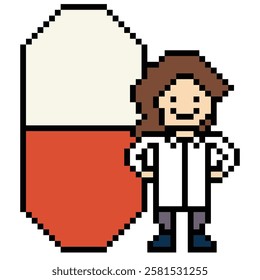 Cute pixel cartoon 8bit character woman doctor medicine care pill treat game care decoration pharmacist female doctor medicine hospital 8 bit lady pixel art game vector.