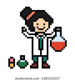 Cute pixel cartoon 8bit character woman doctor medicine care pill treat game care decoration pharmacist female doctor medicine hospital 8 bit lady pixel art game vector.