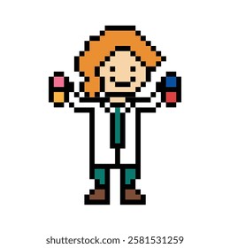 Cute pixel cartoon 8bit character woman doctor medicine care pill treat game care decoration pharmacist female doctor medicine hospital 8 bit lady pixel art game vector.