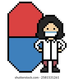 Cute pixel cartoon 8bit character woman doctor medicine care pill treat game care decoration pharmacist female doctor medicine hospital 8 bit lady pixel art game vector.