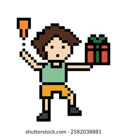 Cute pixel cartoon 8bit character man give gift box birthday christmas bonus reward surprise decoration 8 bit male boy give gift box shopping bonus christmas day game 8 bit vector.