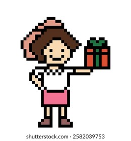 Cute pixel cartoon 8bit character woman give gift box birthday christmas bonus reward surprise decoration 8 bit female girl give gift box shopping bonus christmas day game vector.