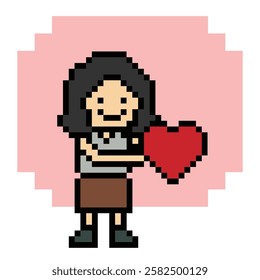 Cute pixel cartoon 8bit character woman lady feel love happy happiness heart emotion decoration in love 8 bit female girl happy favorite like mood game vector.