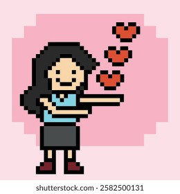 Cute pixel cartoon 8bit character woman lady feel love happy happiness heart emotion decoration in love 8 bit female girl happy favorite like mood game vector.