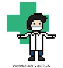 Cute pixel cartoon 8bit character man doctor or scientist game care for decoration pharmacist male doctor uniform in hospital 8 bit male pixel art game 8bit vector.