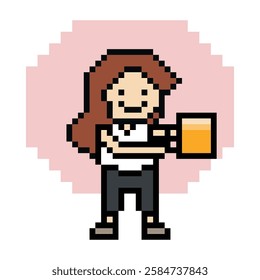 Cute pixel cartoon 8bit character woman drink beer alcohol party hangout lifestyle decoration life style 8 bit female girl drinking beer isolated vector.