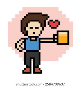 Cute pixel cartoon 8bit character man drink beer alcohol party hangout lifestyle decoration life style 8 bit male boy drinking beer isolated vector.