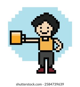 Cute pixel cartoon 8bit character man drink beer alcohol party hangout lifestyle decoration life style 8 bit male boy drinking beer isolated vector.