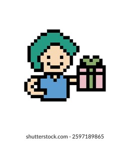 Cute pixel cartoon 8bit character man give gift box birthday christmas bonus reward surprise decoration 8 bit male boy give gift box shopping bonus christmas day game 8 bit vector.
