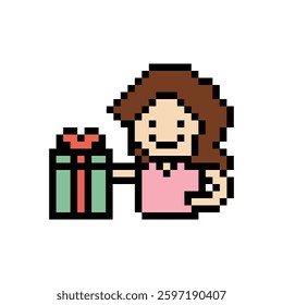 Cute pixel cartoon 8bit character woman give gift box birthday christmas bonus reward surprise decoration 8 bit female girl give gift box shopping bonus christmas day game vector.
