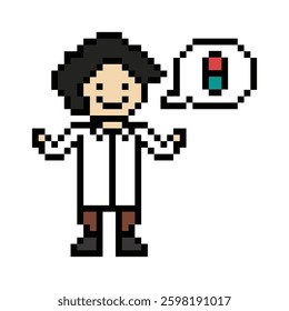 Cute pixel cartoon 8bit character man doctor or scientist game care for decoration pharmacist male doctor uniform in hospital 8 bit male pixel art game 8bit vector.