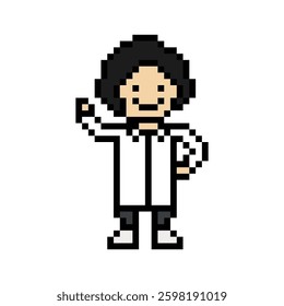 Cute pixel cartoon 8bit character man doctor or scientist game care for decoration pharmacist male doctor uniform in hospital 8 bit male pixel art game 8bit vector.