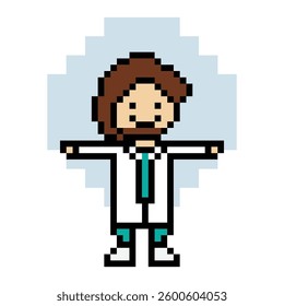Cute pixel cartoon 8bit character man doctor or scientist game care for decoration pharmacist male doctor uniform in hospital 8 bit male pixel art game 8bit vector.