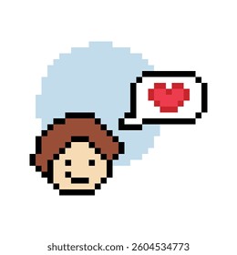 Cute pixel cartoon 8bit character man feel love happy happiness heart emotion decoration in love 8 bit male boy happy favorite like mood game isolated vector.