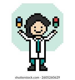 Cute pixel cartoon 8bit character man doctor or scientist game care for decoration pharmacist male doctor uniform in hospital 8 bit male pixel art game 8bit vector.