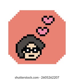 Cute pixel cartoon 8bit character man feel love happy happiness heart emotion decoration in love 8 bit male boy happy favorite like mood game isolated vector.
