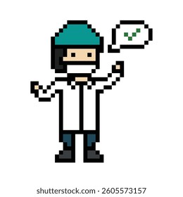 Cute pixel cartoon 8bit character man doctor or scientist game care for decoration pharmacist male doctor uniform in hospital 8 bit male pixel art game 8bit vector.