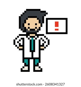 Cute pixel cartoon 8bit character man doctor or scientist game care for decoration pharmacist male doctor uniform in hospital 8 bit male pixel art game 8bit vector.