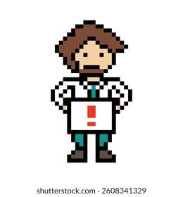 Cute pixel cartoon 8bit character man doctor or scientist game care for decoration pharmacist male doctor uniform in hospital 8 bit male pixel art game 8bit vector.
