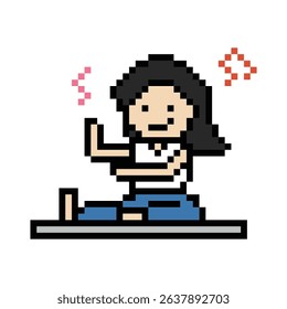 Cute pixel cartoon 8bit character woman yoga stretch exercises training lifestyle vector decoration life style 8 bit female girl exercise gym yoga class fitness warm game vector.
