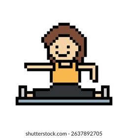 Cute pixel cartoon 8bit character woman yoga stretch exercises training lifestyle vector decoration life style 8 bit female girl exercise gym yoga class fitness warm game vector.