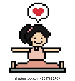 Cute pixel cartoon 8bit character woman yoga stretch exercises training lifestyle vector decoration life style 8 bit female girl exercise gym yoga class fitness warm game vector.