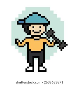 Cute pixel cartoon 8bit character man weight training b dumbbell lifestyle lifting gym decoration life style 8 bit male boy weight fitness isolated game 8bit vector.