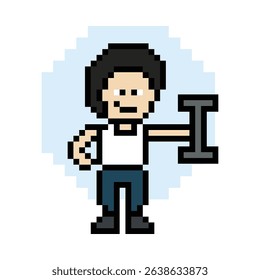 Cute pixel cartoon 8bit character man weight training b dumbbell lifestyle lifting gym decoration life style 8 bit male boy weight fitness isolated game 8bit vector.