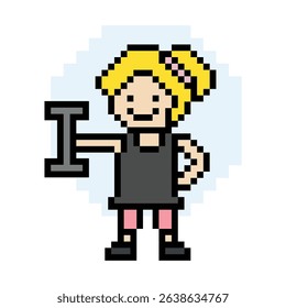 Cute pixel cartoon 8bit character woman weight training bodybuilder dumbbell lifestyle lifting gym decoration life style 8 bit lady female girl weight fitness isolated game vector.