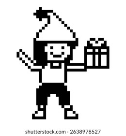 Cute pixel cartoon 8bit character woman give gift box birthday christmas bonus reward surprise decoration 8 bit female girl give gift box shopping bonus christmas day game vector.