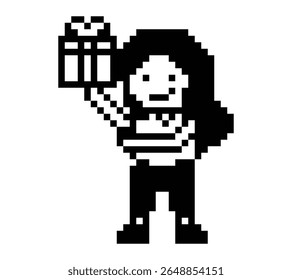 Cute pixel cartoon 8bit character woman give gift box birthday christmas bonus reward surprise decoration 8 bit female girl give gift box shopping bonus christmas day game vector.