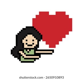 Cute pixel cartoon 8bit character woman lady feel love happy happiness heart emotion decoration in love 8 bit female girl happy favorite like mood game isolated vector.