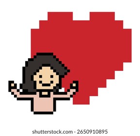 Cute pixel cartoon 8bit character woman lady feel love happy happiness heart emotion decoration in love 8 bit female girl happy favorite like mood game isolated vector.