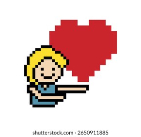 Cute pixel cartoon 8bit character man feel love happy happiness heart emotion decoration in love 8 bit male boy happy favorite like mood game isolated vector.