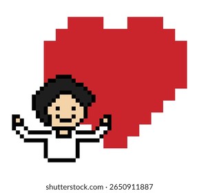Cute pixel cartoon 8bit character man feel love happy happiness heart emotion decoration in love 8 bit male boy happy favorite like mood game isolated vector.