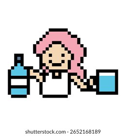 Cute pixel cartoon 8bit character lady woman drink water healthy lifestyle decoration life style 8 bit female girl drinking health water glass isolated vector.