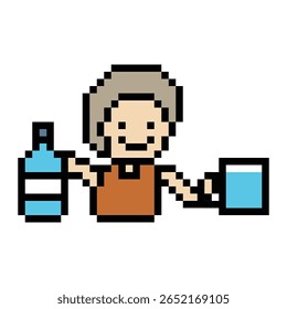 Dibujos animados de píxeles lindos 8 bits personaje hombre beber agua estilo de vida saludable decoración estilo de vida 8 bits chico varón beber agua de salud vidrio aislado Vector.